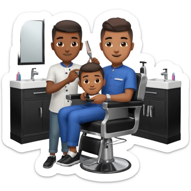 Barber cutting boys hair. Show the boy sat in black barber chair and both having smiles on their faces sticker
