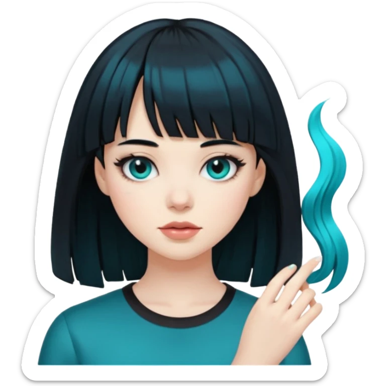 girl with black hair and the hair transforming into black hair with bangs that are half teal sticker
