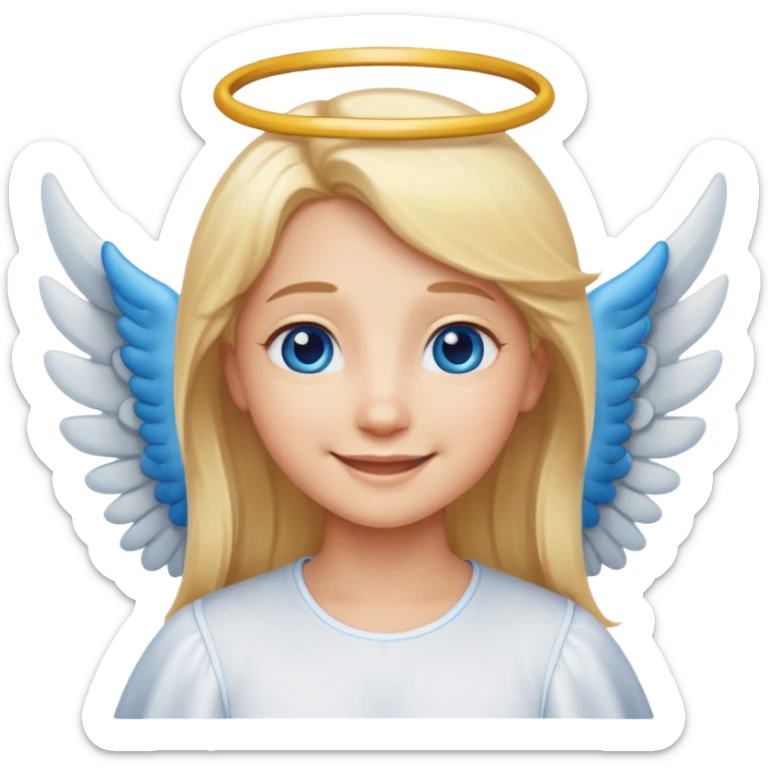 angel emoji blonde hair, blue eyes and smiling, larger wings with darker outline on them and bigger smile and more smiley eyes sticker