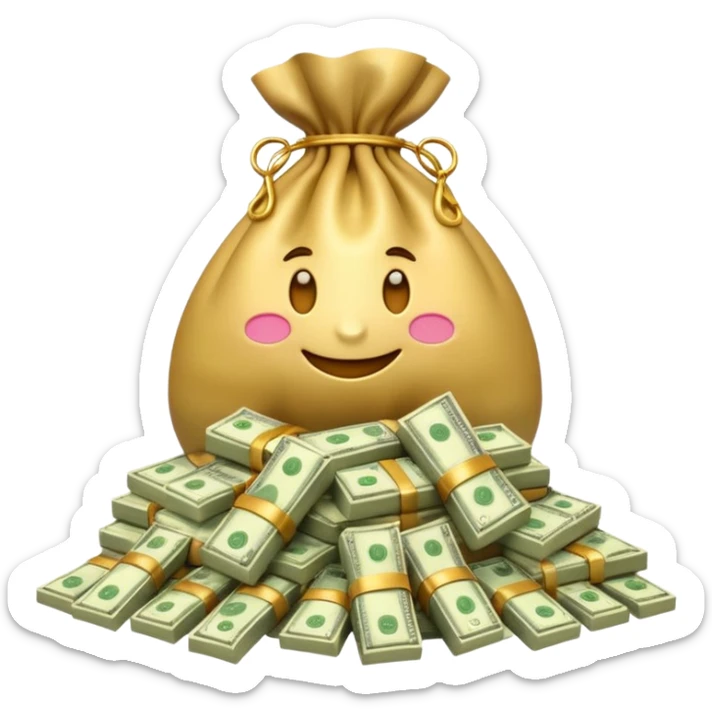Luxury 3D emoji, overflowing money bag, stacks of cash, premium lighting, rich glossy look, ultra clean, transparent background


 sticker