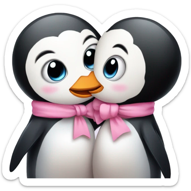 girl penguin with pink bow on head and boy penguin hug and kiss sticker