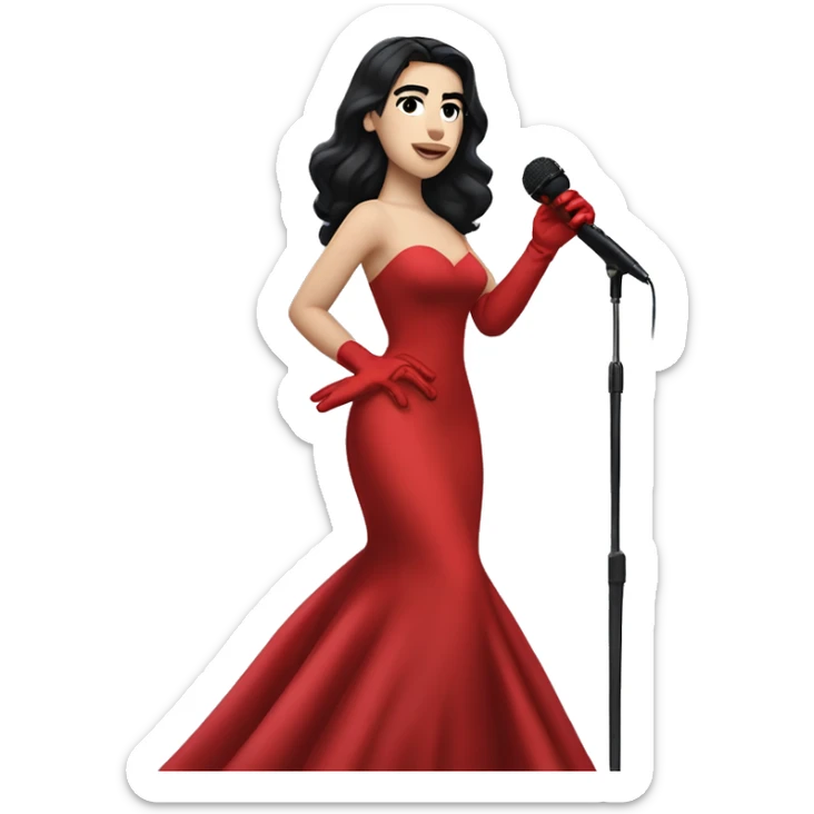 Dua Lipa, with dark hair, wearing a red gown with red gloves, singing with a microphone on her hand. sticker