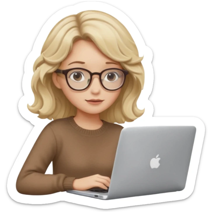blonde girl with dark blonde wavy hair, pantos-style glasses, a brown sweater, sitting with a laptop, soft pastel colors, upper body shot sticker