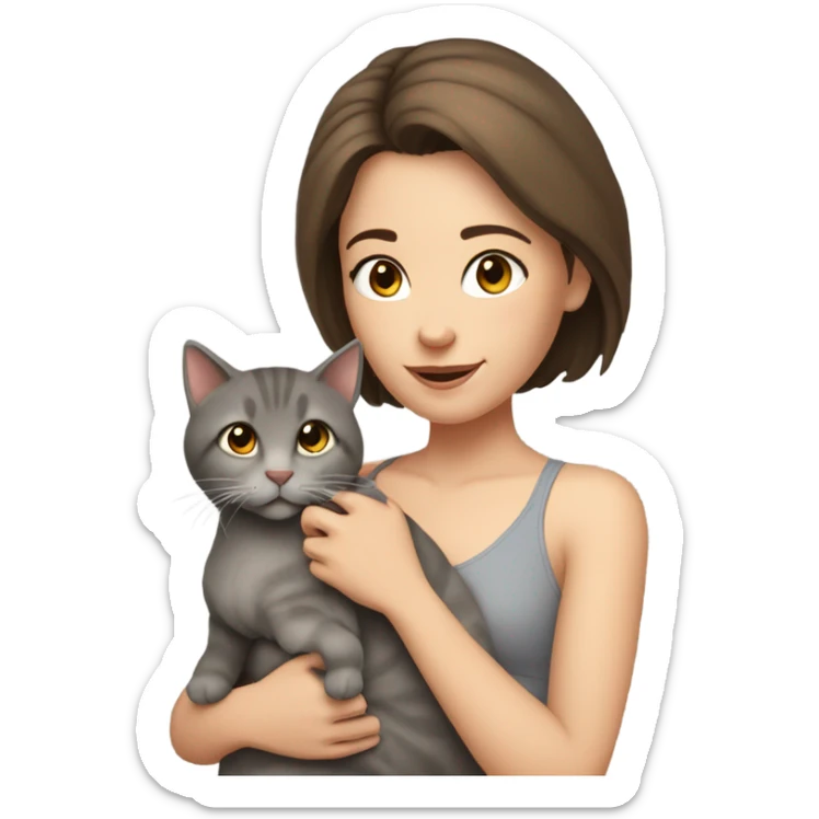 A middle aged, cat loving girl with brown hair and fair skin wearing a grey halter top sticker