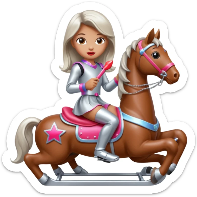 solarpunk - Seductive girl rides on a rocking horse and holds a huge lipstick sticker