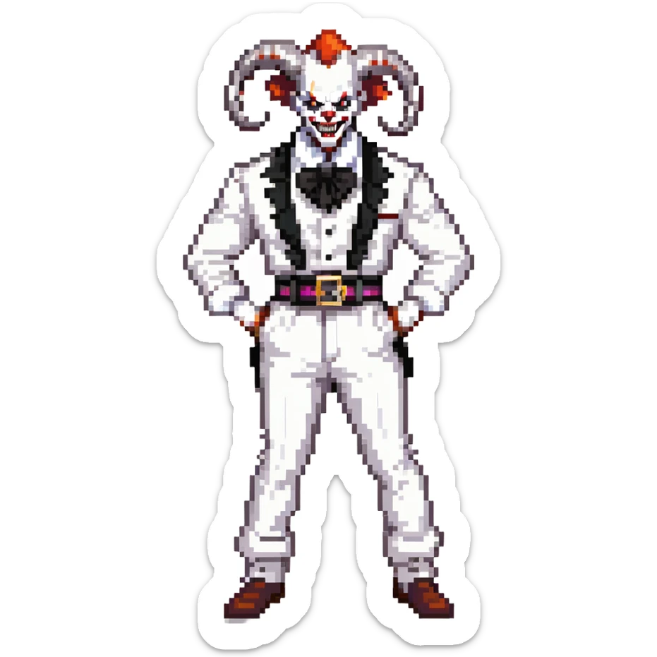 full-body muscular demonic clown in black and white leisure suit with bellbottom pants, bald, black ram horns, flashy black and white belt, ruffled white shirt, no neck tie, large fangs sticker