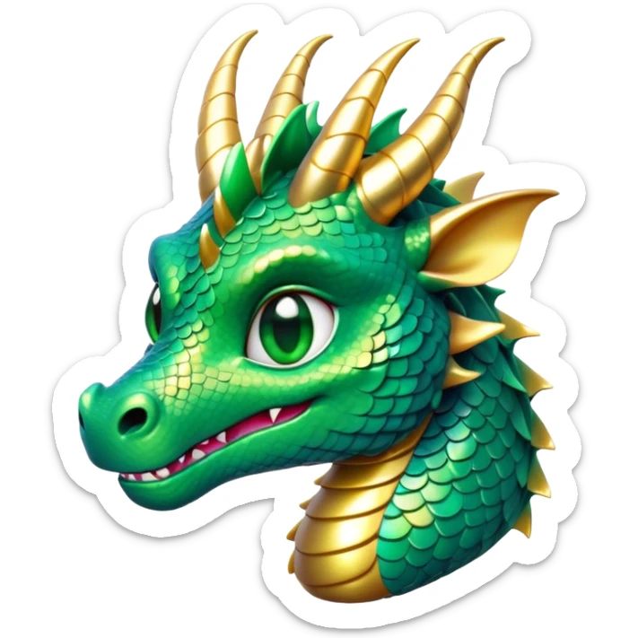 Cinematic Cute Dragon Portrait Emoji, Head tilted playfully and inquisitively, featuring a sleek, serpentine form adorned with iridescent scales that shift between emerald and gold, a delicate set of subtle horns, and round, sparkling eyes full of curious magic; rendered with realistic detail and warm natural light, high shine, affectionate and enchanting, styled with a touch of whimsical fantasy, soft glowing outline, capturing the essence of a mischievous yet lovable dragon that seems poised to slither playfully into your arms! sticker