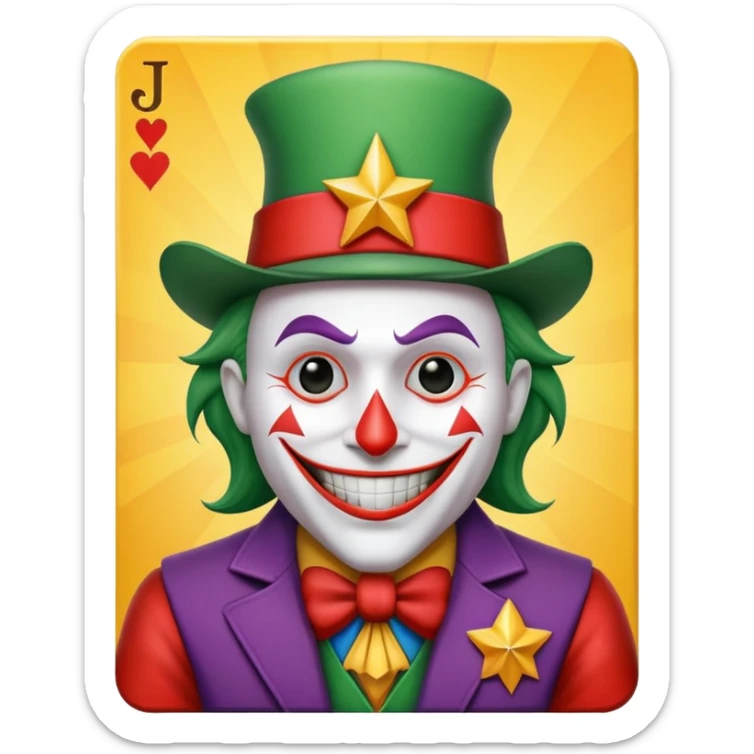 1 poker card, perfectly squared card, with crazy colorful human jolly joker inside, star symbol with a "J" sticker