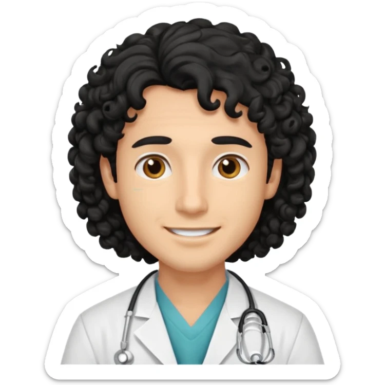 a young male doctor with black long curly hair and cheerful face without gpasses sticker