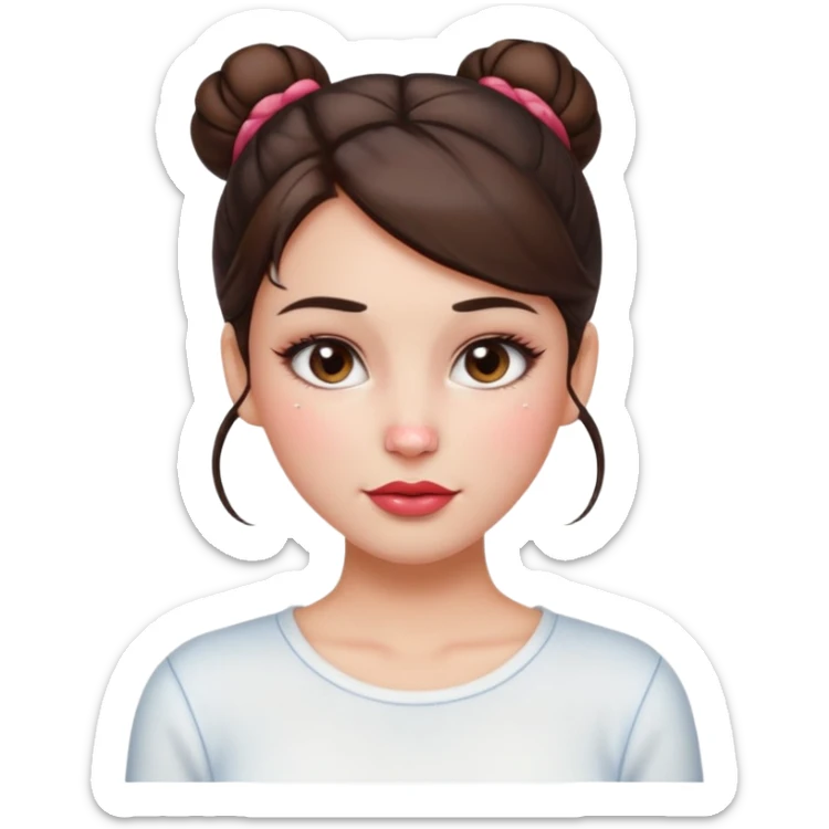 “Emoji brunette girl hair in bun white top, dewy skin, heavy blush across cheeks and nose bridge, glossy cherry lips, soft eyeliner, teary sparkling eyes like hanni from new jeans sticker