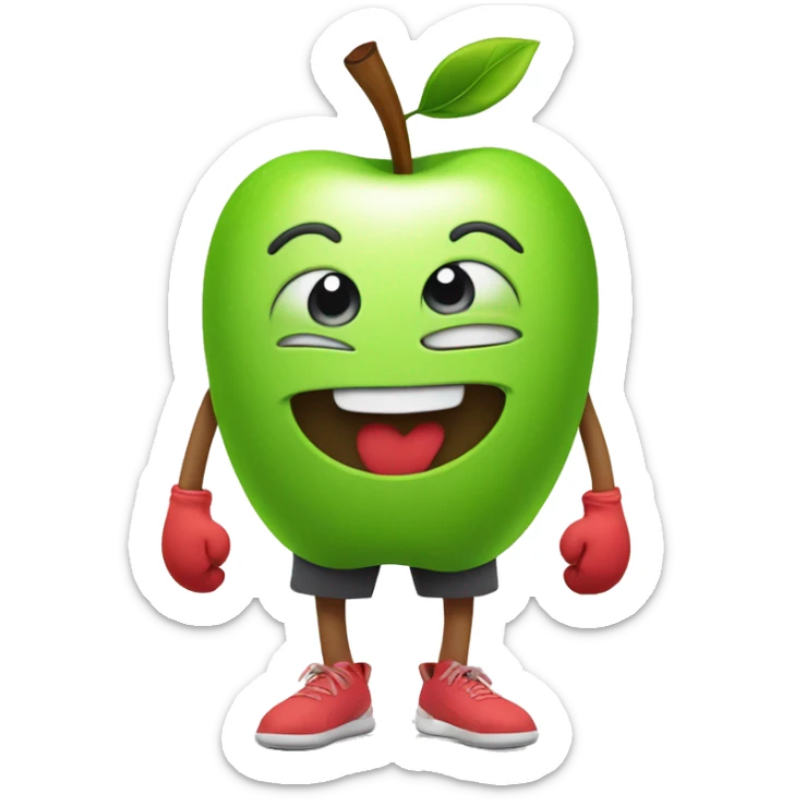 Apple in gym shorts with cartoon arms and legs smiles at the camera.  sticker