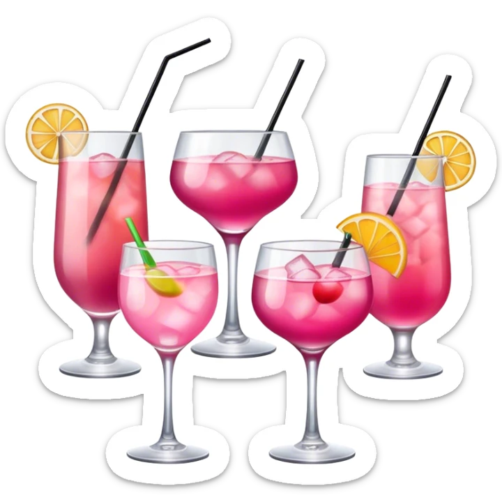 four glasses of cocktails that are happy, one is pink sticker