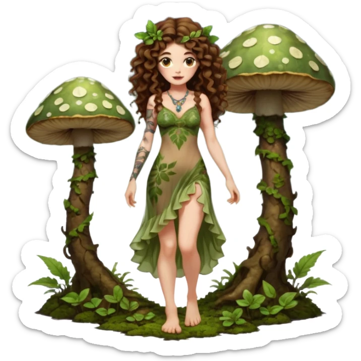 full body view of a woman with long curly brown hair, brown eyes, white skin, tattoos, wearing a sheer moss and leaf dress, standing barefoot on glowing mushrooms, confident pose, slight smirk sticker