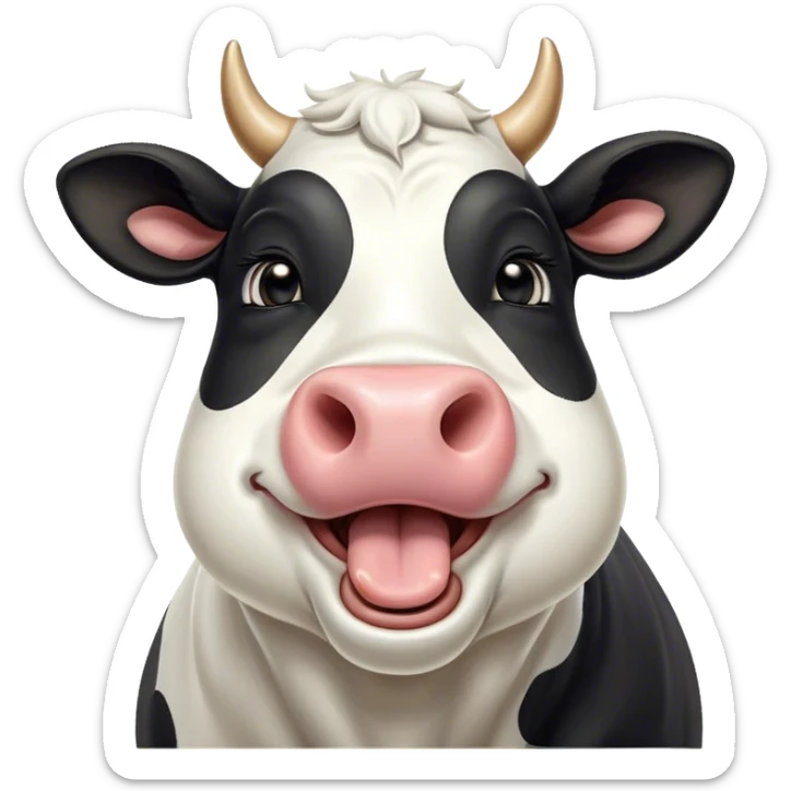 Cinematic Cute Yawning Black and White Cow Portrait Emoji, Head tilted slightly with a dramatic, wide-open yawn, showcasing a smooth, contrasting coat of black and white, floppy ears slightly drooping, round brown eyes barely open in drowsy contentment, Simplified yet irresistibly adorable features, highly detailed, glowing with a soft, cozy glow, high shine, relaxed yet expressive, stylized with a touch of modern whimsy, bright and endearing, soft glowing outline, capturing the essence of a sleepy yet affectionate cow, so drowsy it feels like it could stride out of the screen and curl up for a nap! sticker