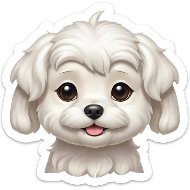 Cinematic Cute Wavy-Haired Maltese dog Portrait Emoji, Head tilted playfully and inquisitively, featuring a luxurious, wavy-haired white coat with a healthy sheen, round, sparkling dark eyes filled with curiosity, Simplified yet irresistibly adorable features, highly detailed, glowing with a warm, friendly glow, high shine, affectionate and lively, stylized with a touch of whimsy, bright and endearing, soft glowing outline, capturing the essence of a mischievous yet loving companion, so playful it feels like it could scamper out of the screen and into your arms! sticker