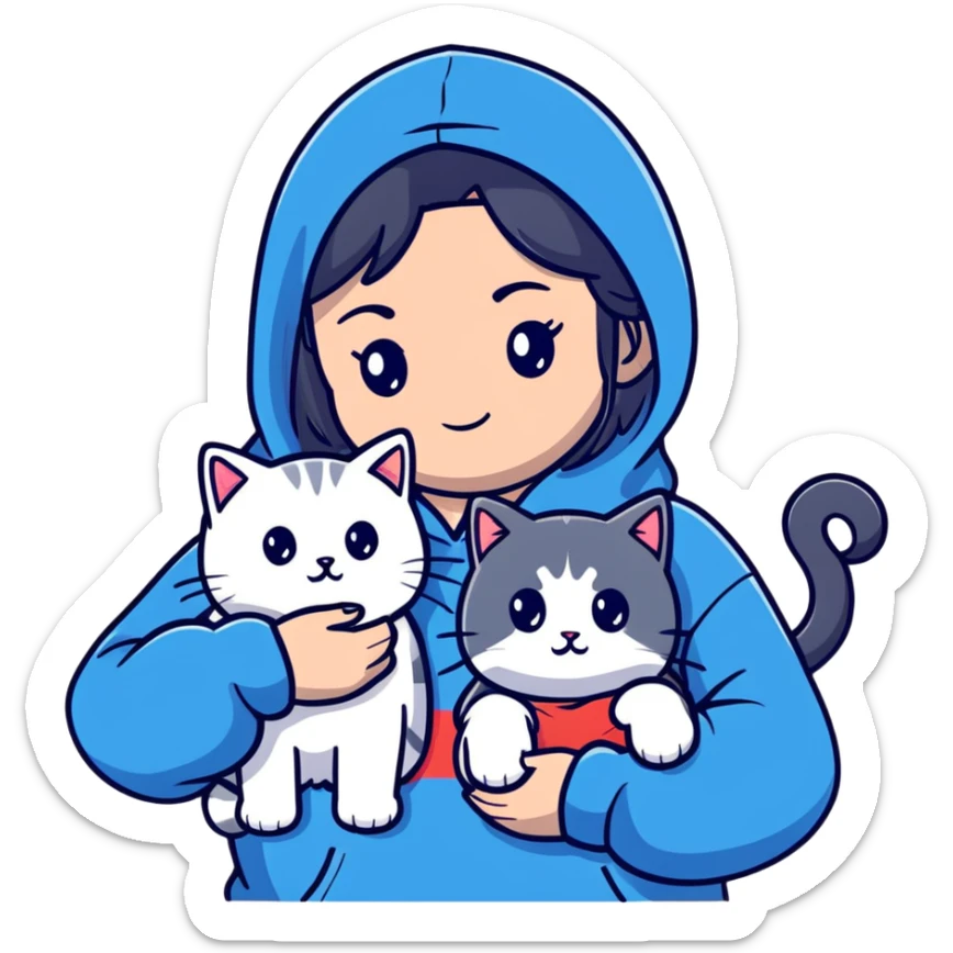 Girl with black hair wearing gray hoodie with a British shorthair blue and white cat and a long-haired blue and white cat sticker