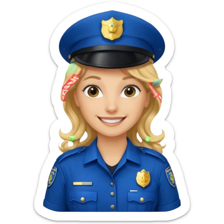 Female POLICE IN blue, long blonde curly hair, happy smile sticker