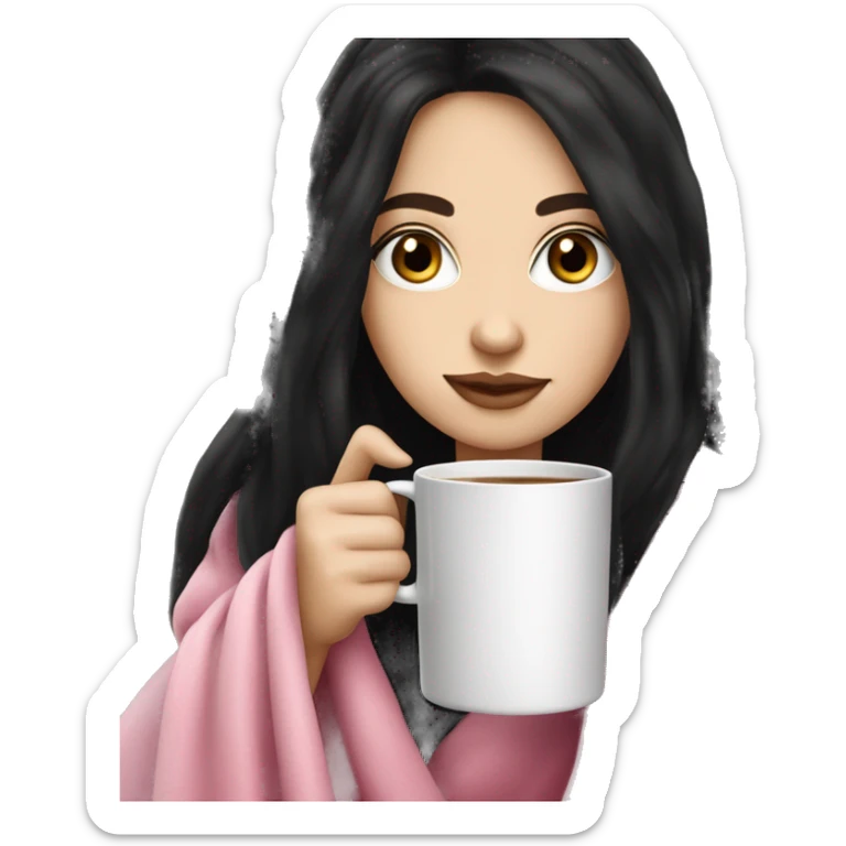 A pretty white girl with very long black hair  in a pink blanket sipping coffee sticker