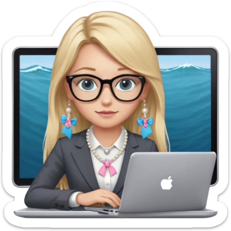 Please take the girl with laptop emoji and make her glassess light brown, her eyes ocean blue and her nose a bit smaller and pointier and she has blonde very long hair and a dark grey suit and pearls necklace, and has a laptop in fron of her and a tiny pink bow on the left side of her head sticker
