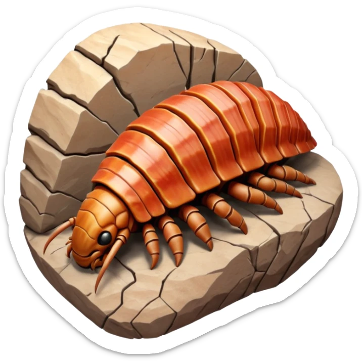3D render of Trilobite, embedded in a chunk of rough sedimentary rock, cracked stone texture, ancient fossil aesthetic, fossilized in reddish sandstone rock, matte dry finish, Apple emoji style, isolated on white background --v 6.0 sticker