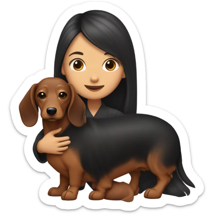 an Asian girl with long hair, hugging a black and tan long haired dachshund with a branch in its mouth sticker