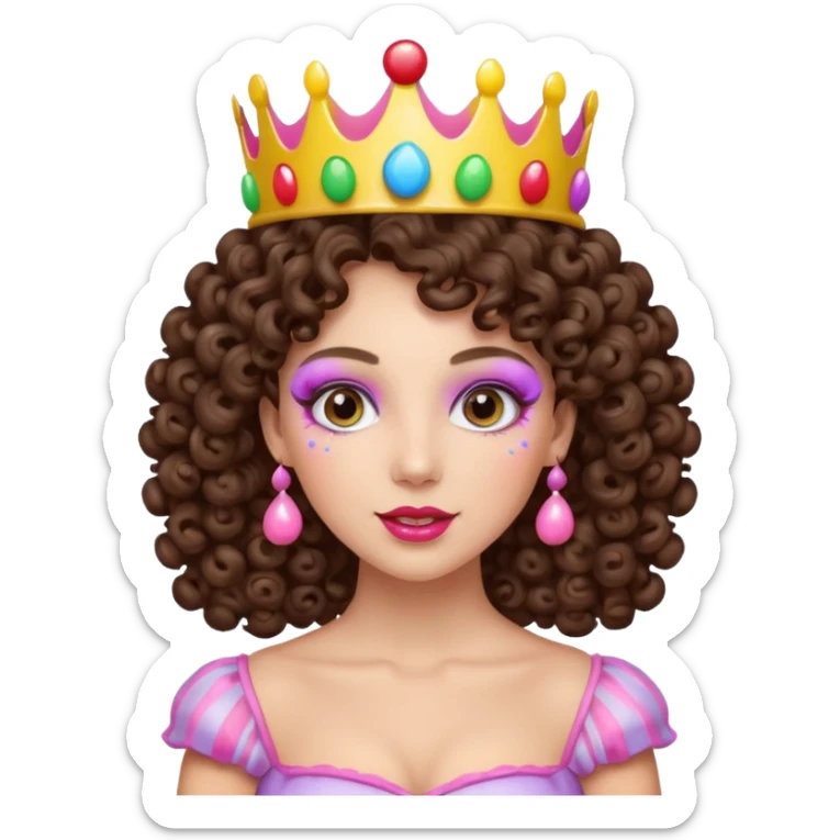 brunette curly haired queen of the candyland, with candy makeup candy crown and just face sticker