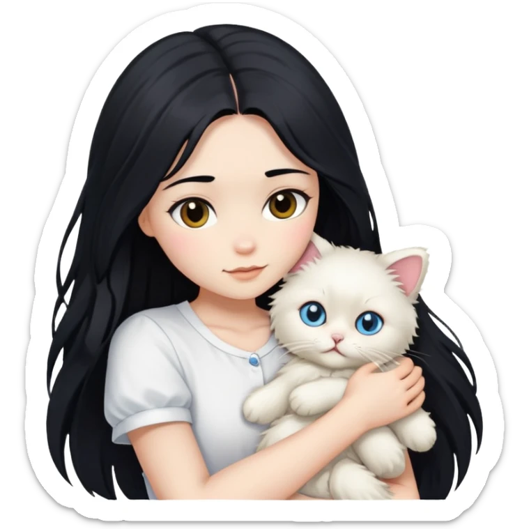 A beautiful girl with long black hair wearing a white short-sleeved shirt hugs a ragol sticker