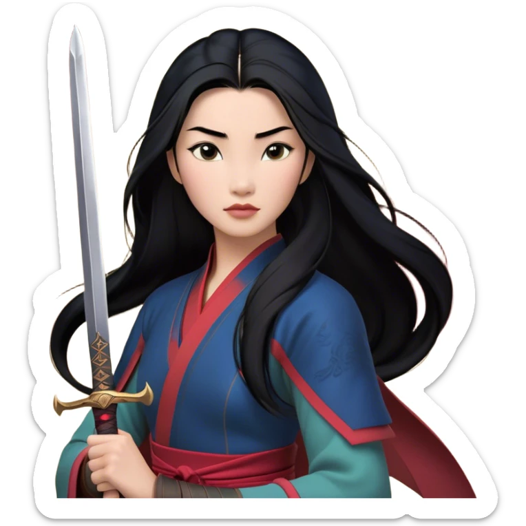Cinematic Realistic Mulan Portrait, depicted with lifelike skin texture, soft natural lighting, and intricately detailed long black hair styled elegantly. Her deep, expressive eyes exude determination and grace, complemented by a serene yet confident expression. She stands with one hand resting on the hilt of her sword, the other by her side, exuding strength and poise. She is dressed in her classic attire, with rich fabric textures and delicate folds that catch the light beautifully. The portrait features a soft, enchanting glow with a natural, radiant finish, capturing the essence of timeless strength and beauty in a realistic and painterly style, evoking a sense of depth and authenticity. sticker