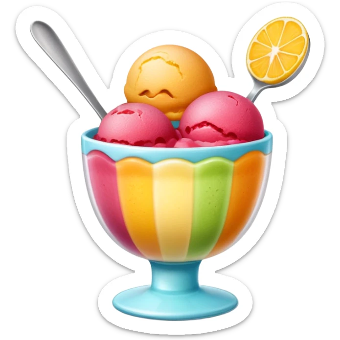 two or three scoops of bright fruit sorbet in a small cup, no spoon or garnish, soft lighting, subtle shadows, emoji scale sticker