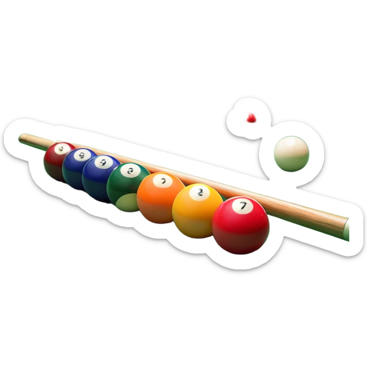 A close-up of a billiard table with a cue stick lined up to strike a colorful set of balls. The focus is on the precision of the shot, with the table’s green surface and the triangular arrangement of balls, creating a dynamic scene of strategy and concentration in the game of billiards. sticker