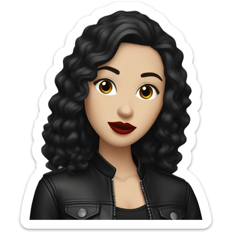 White girl, with long curly black hair, with red lipstick, wearing black shirt and black leather jacket sticker