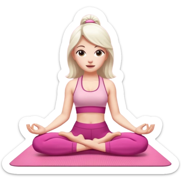 20-year-old pretty woman with white skin, doing yoga on a pink yoga mat, depicted in iPhone memoji style sticker