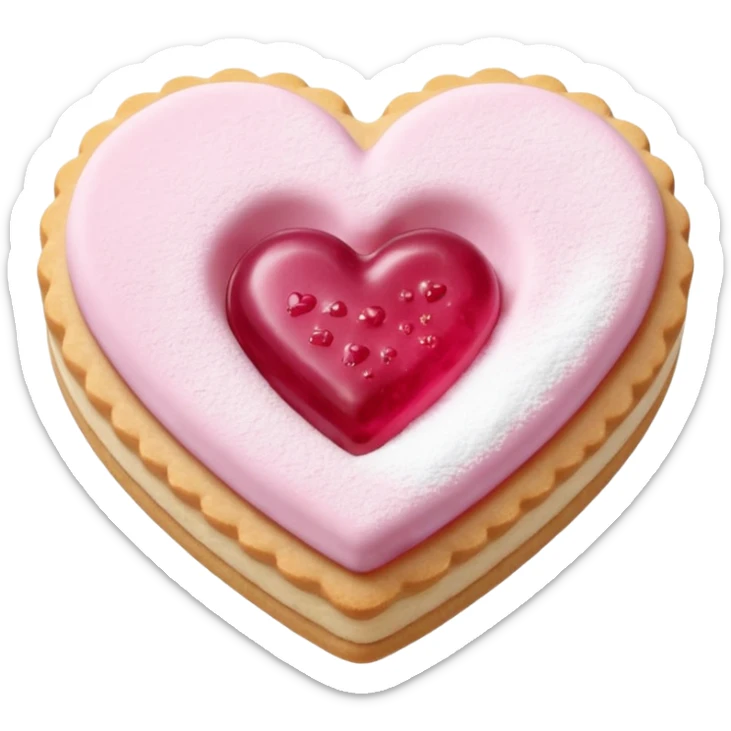 Realistic shortbread cookie in the shape of a heart with pink jelly middle filling and sprinkled powder sugar on top. sticker