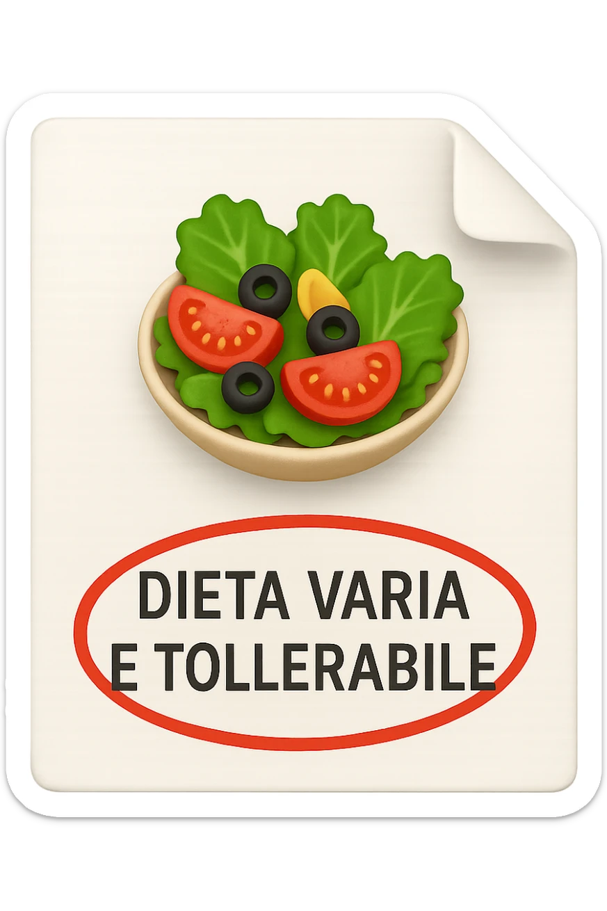 emoji stile iphone di un foglio con un insalata disegnata sopra e la scritta "DIETA VARIA E TOLLERABILE" CERCHIATA IN ROSSO, iperrealistico 4k, isolato su sfondo bianco sticker