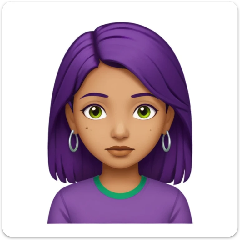 Give me an emoji : a tan skinned indian girl, medium deep purple hair with a green shirt sticker