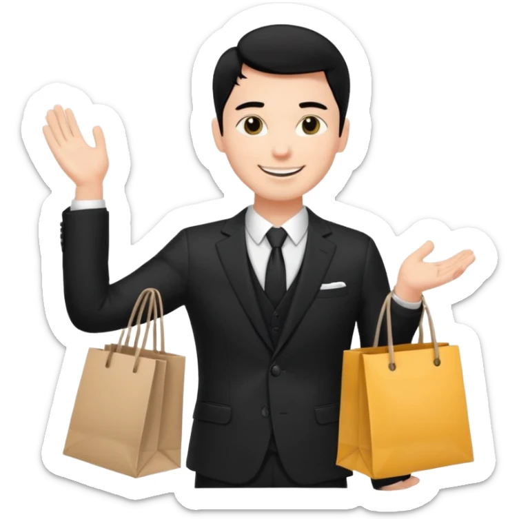 elegant man black hair in a black suit with clothing shopping bag sticker