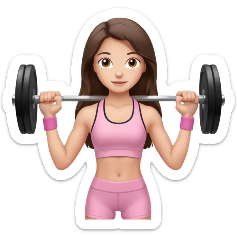 white happy brunette teen long hair with hazel eyes in light pink workout clothes holding a barbell  sticker