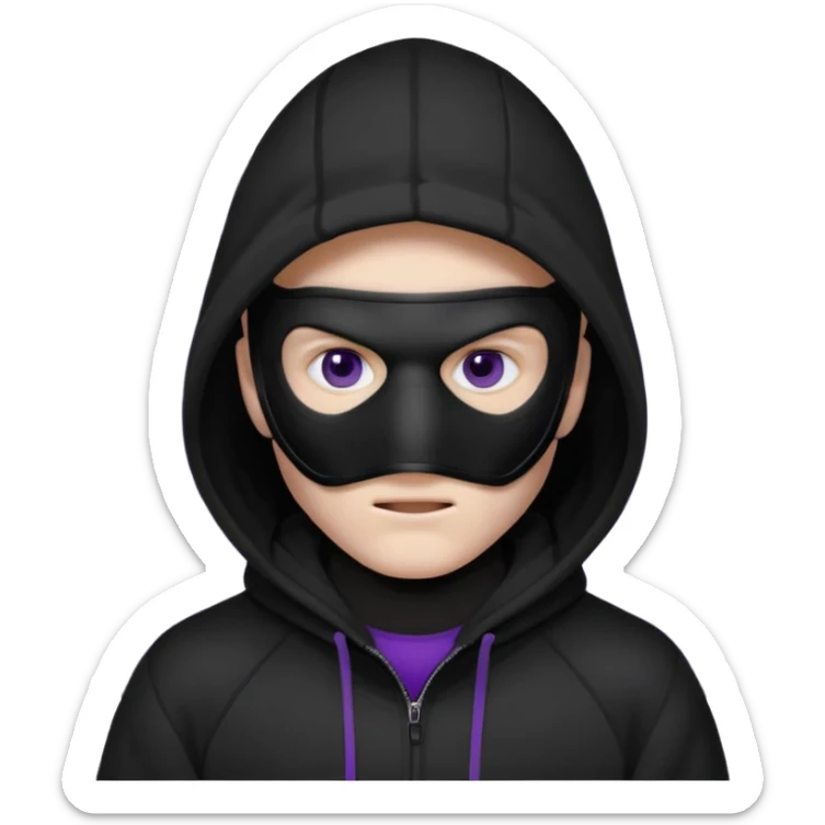 non human male cartoon character related to a shadow, with all black clothes, focusing a black hoodie, and a black hockey face mask covering his entire face, just his purple shadow eyes making a light bloom, no background sticker