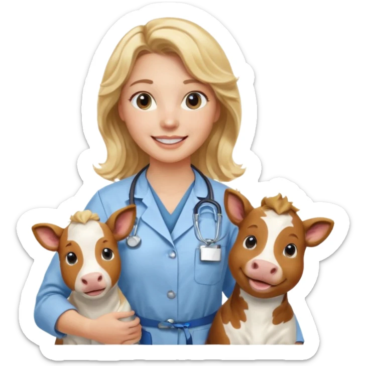 Joven mujer, de cabello bajo los hombros rubio con ondas y partidura al medio.  veterinaria de perros, vacas y caballos, con traje clínico celeste, sin delantal blanco sticker