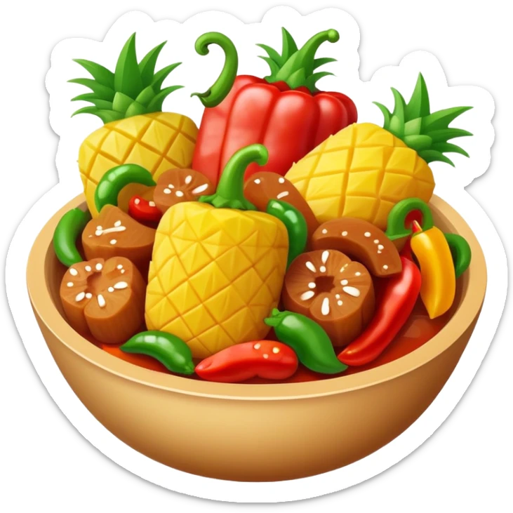 Sweet and Sour Pork with pineapple and bell peppers, simplified emoji style with bold outlines and bright colors, cartoon style Gu Lao Rou popular dish sticker