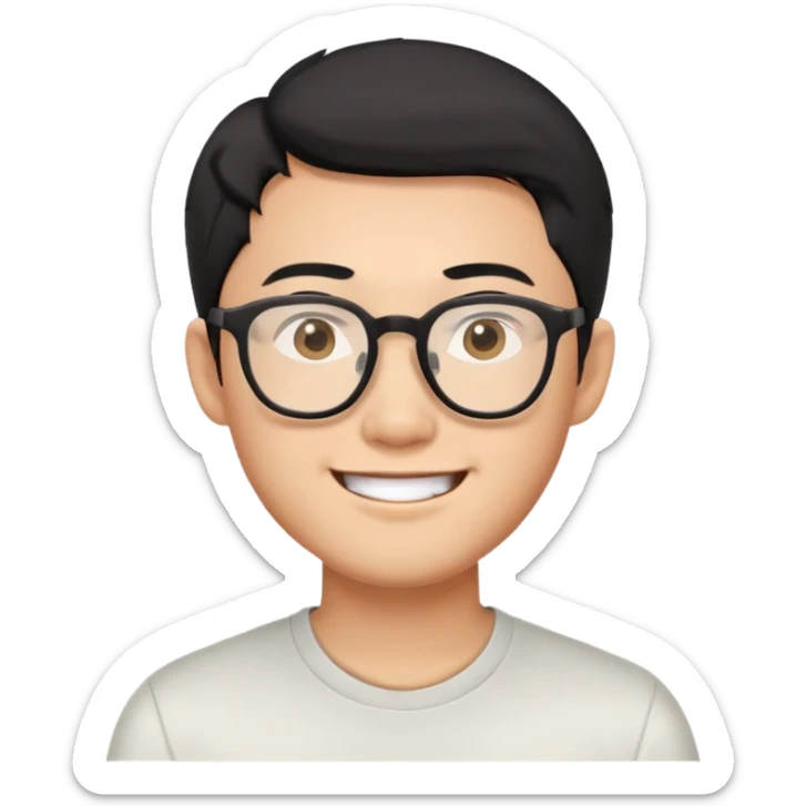 Asian man with short black hair, glasses, friendly smile, Josh Lim character sticker