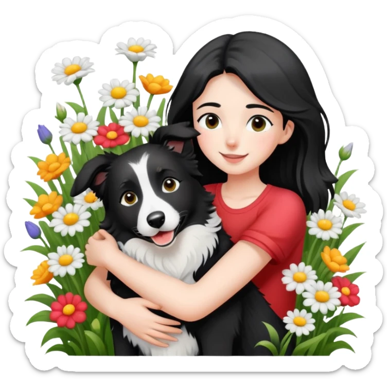 A girl happily hugs a black and white border collie in the flowers sticker
