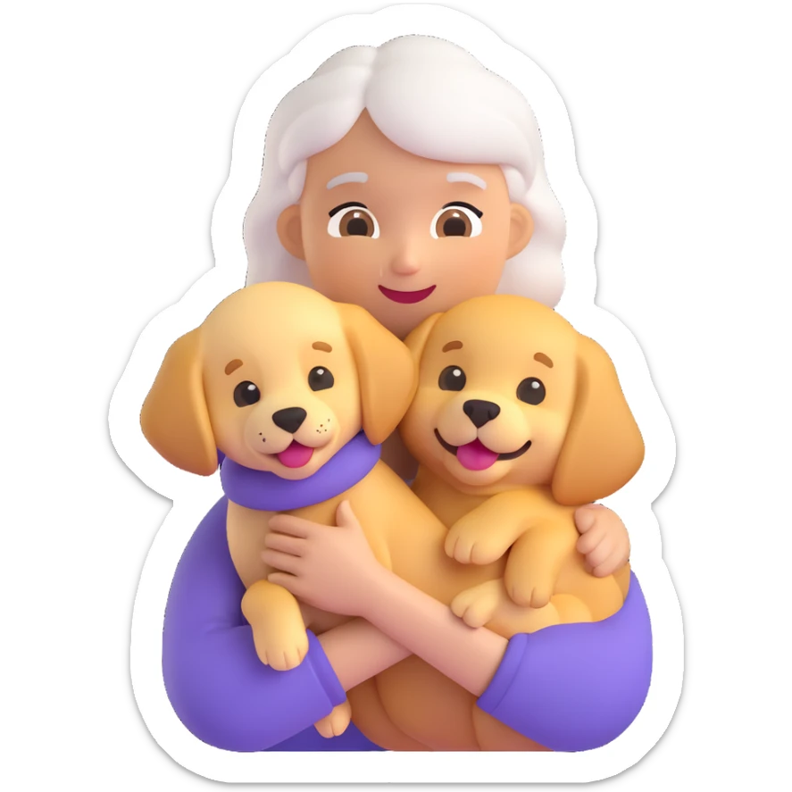 Combine the grandmother emoji with a golden retriever puppy in her arms, matching the 3D emoji style with a transparent background. sticker