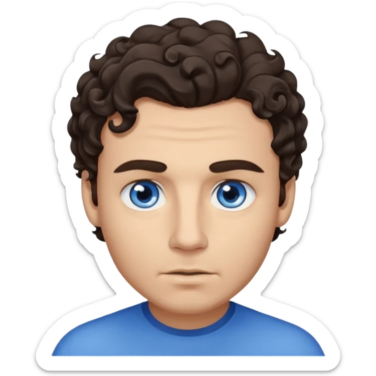 A man emoji with light skin, wavy dark brown hair styled with a curl falling on his forehead, thick dark eyebrows, striking blue eyes, a straight nose, and a clean-shaven face with a neutral expression. sticker