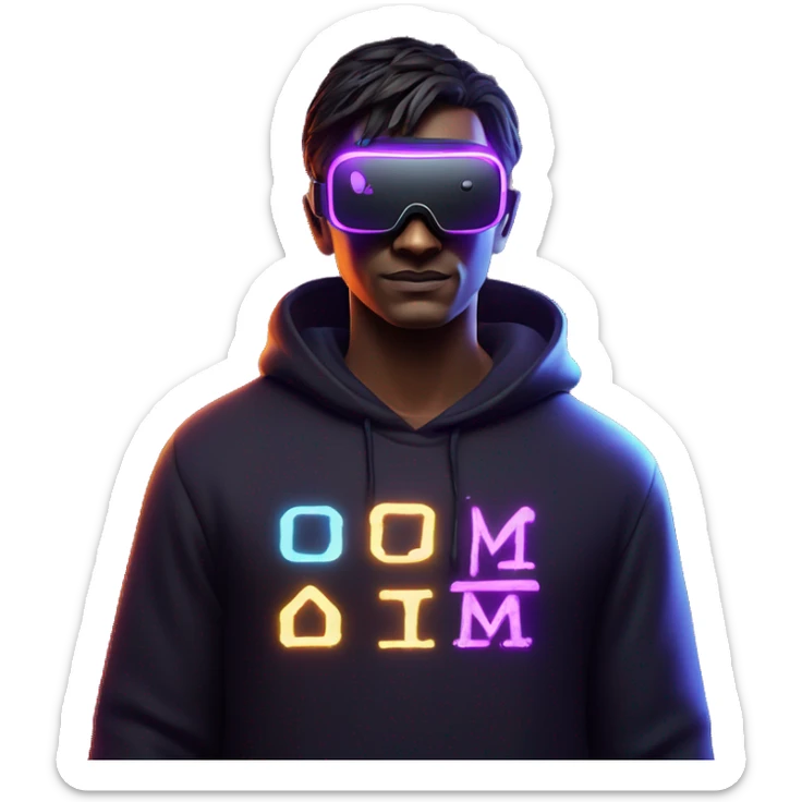 Harry Potter wearing a black hoodie with "OMG" letters on it and VR headset oculus quest 2 in a cyberpunk VR environment with violet neon lighting. sticker