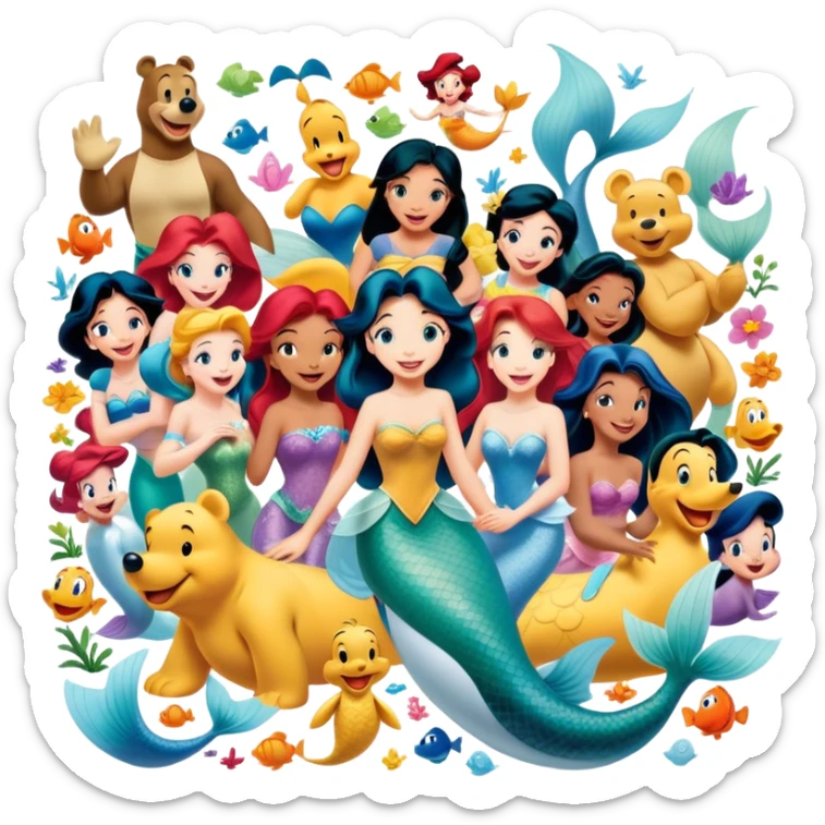 Icon for Animated Characters: A colorful, large-scale collage of beloved cartoon characters, including Goofy, Mickey Mouse, Winnie-the-Pooh, Ariel the Little Mermaid, Jasmine, and others. Bright and vibrant, full of whimsical charm. Transparent background. sticker