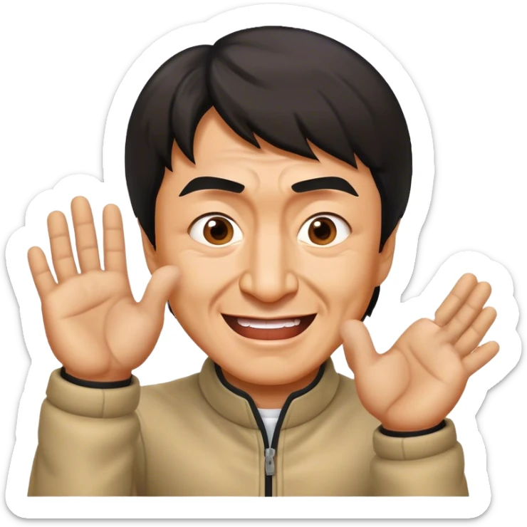 Cinematic Realistic Jackie Chan Pop Culture Emoji, depicted with playful agility and charismatic charm rendered with lifelike textures and vibrant, action‚Äêpacked lighting. sticker