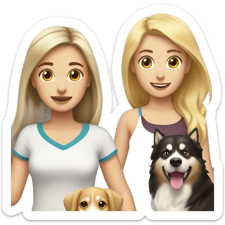 girl with blonde hair and girl with brown hair playing with husky and golden retriever sticker