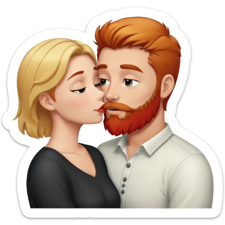 Girl with short brown hair kissing man with blonde hair and red beard. sticker