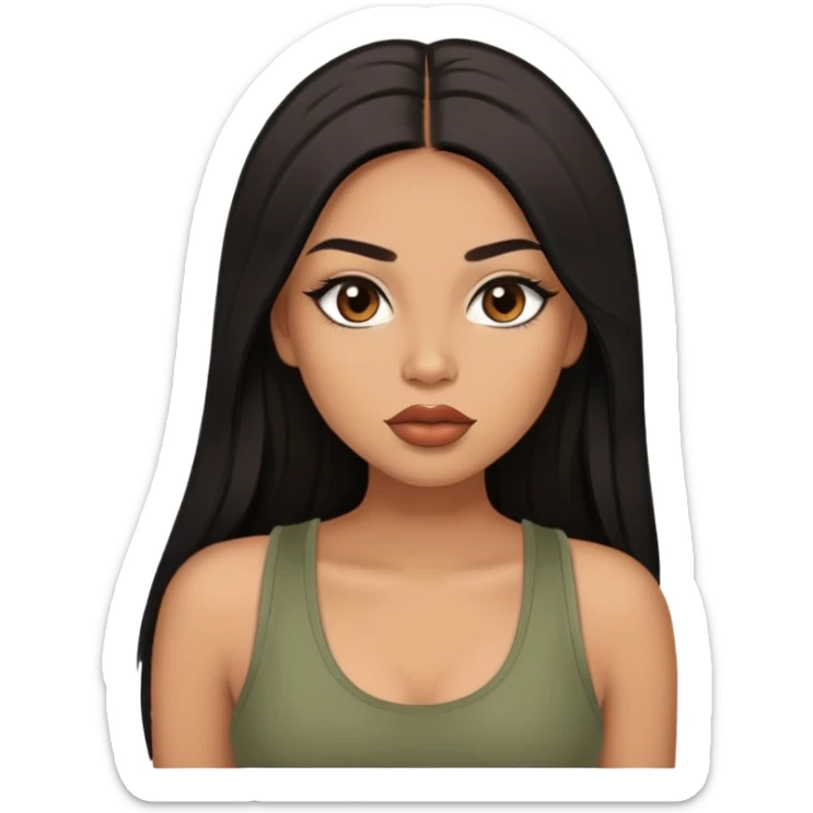 light brown skin tone, very beautiful woman, with big plump lips, long long lashes, black straight long hair, brown eyes, sage tank top sticker